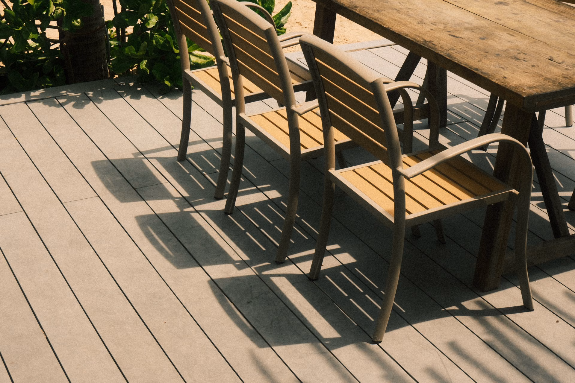 Washed wooden deck with outdoor furniture
